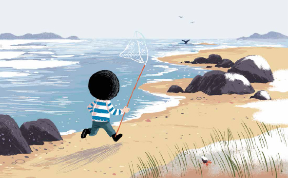 noi running along the beach with fishing net