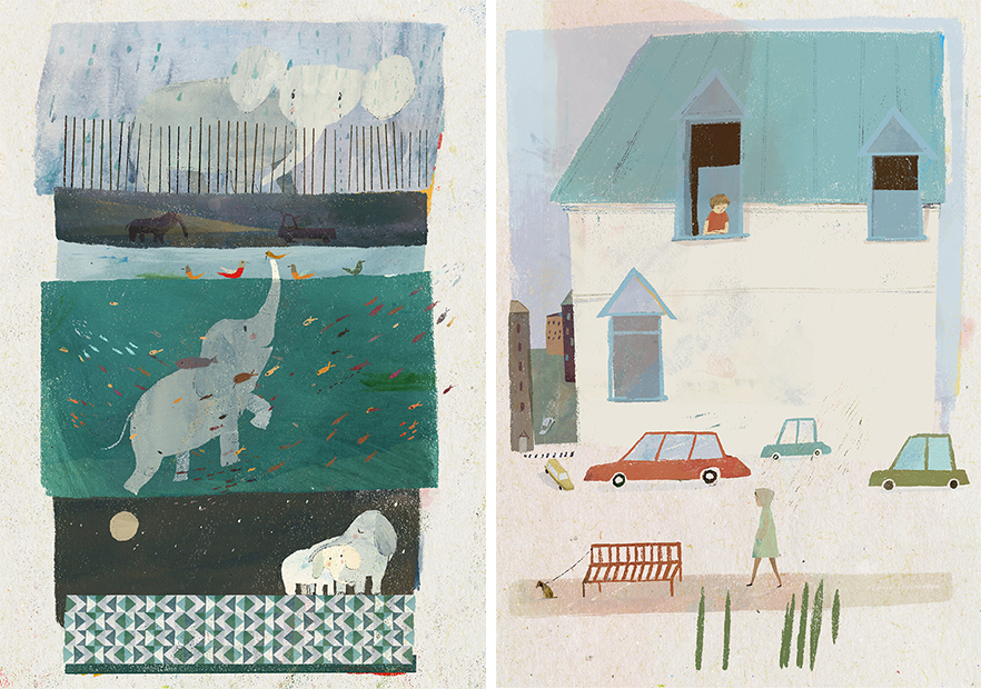 swimming elephants and european townscape by Richard Jones