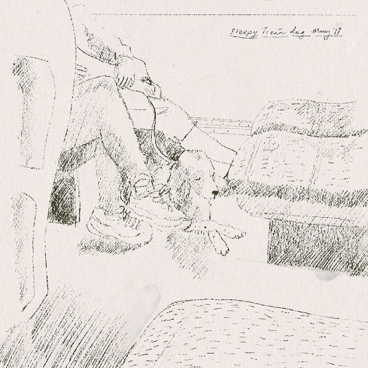 pencil sketch dog on a train by Richard Jones