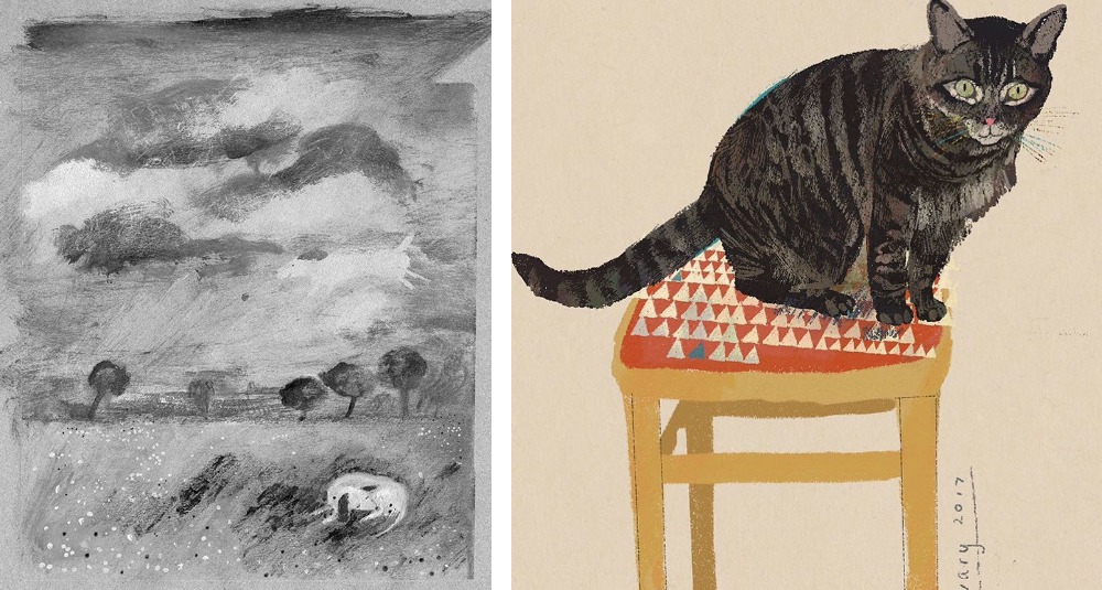 Black and white little dog ghost and tabby cat on kitchen chair by Richard jones