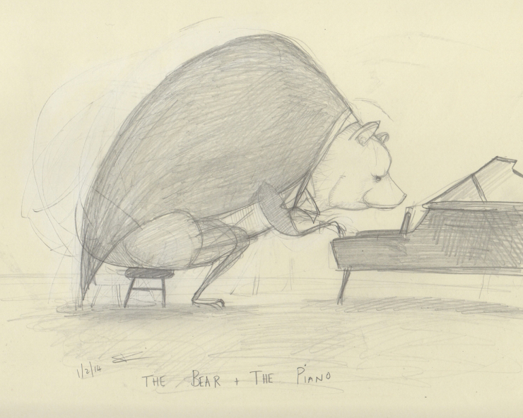 early sketch in pencil of the bear and the piano