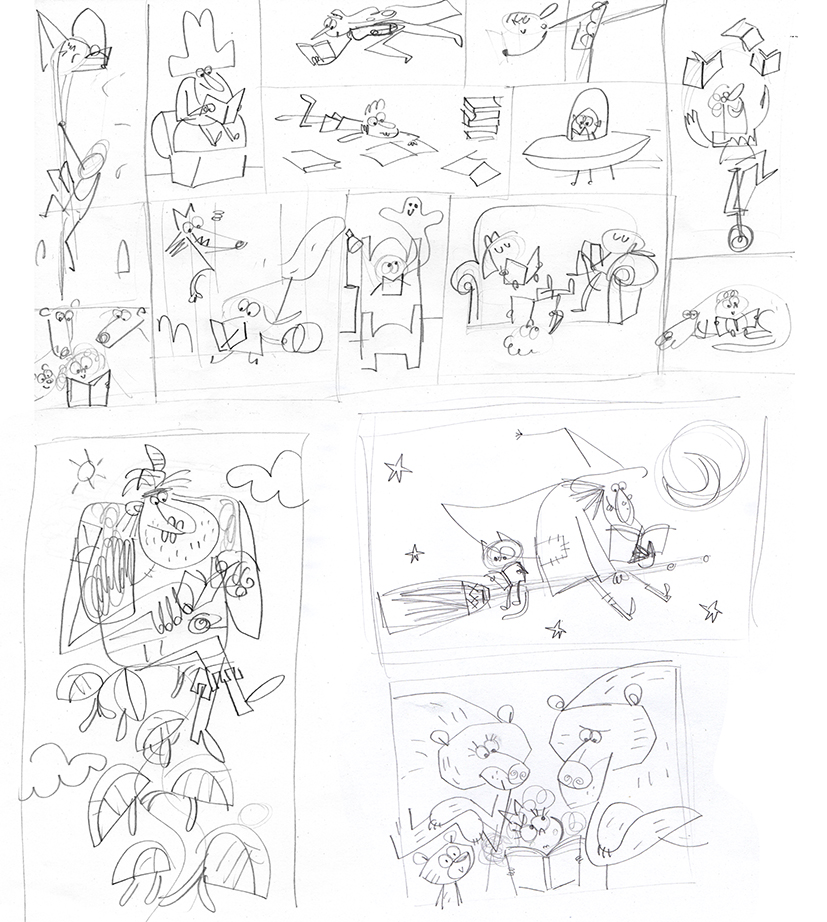 rough sketches for library mural by Fred Blunt