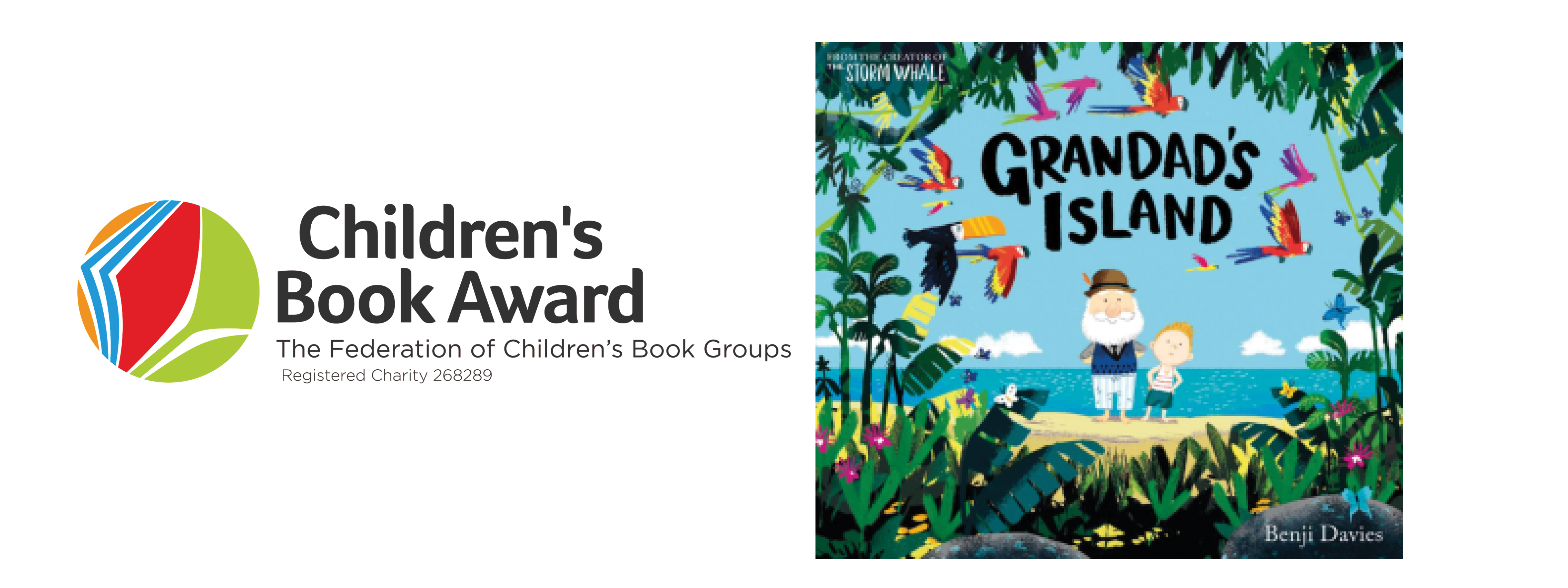 The Children’s Book Award logo and book cover for Grandad’s Island