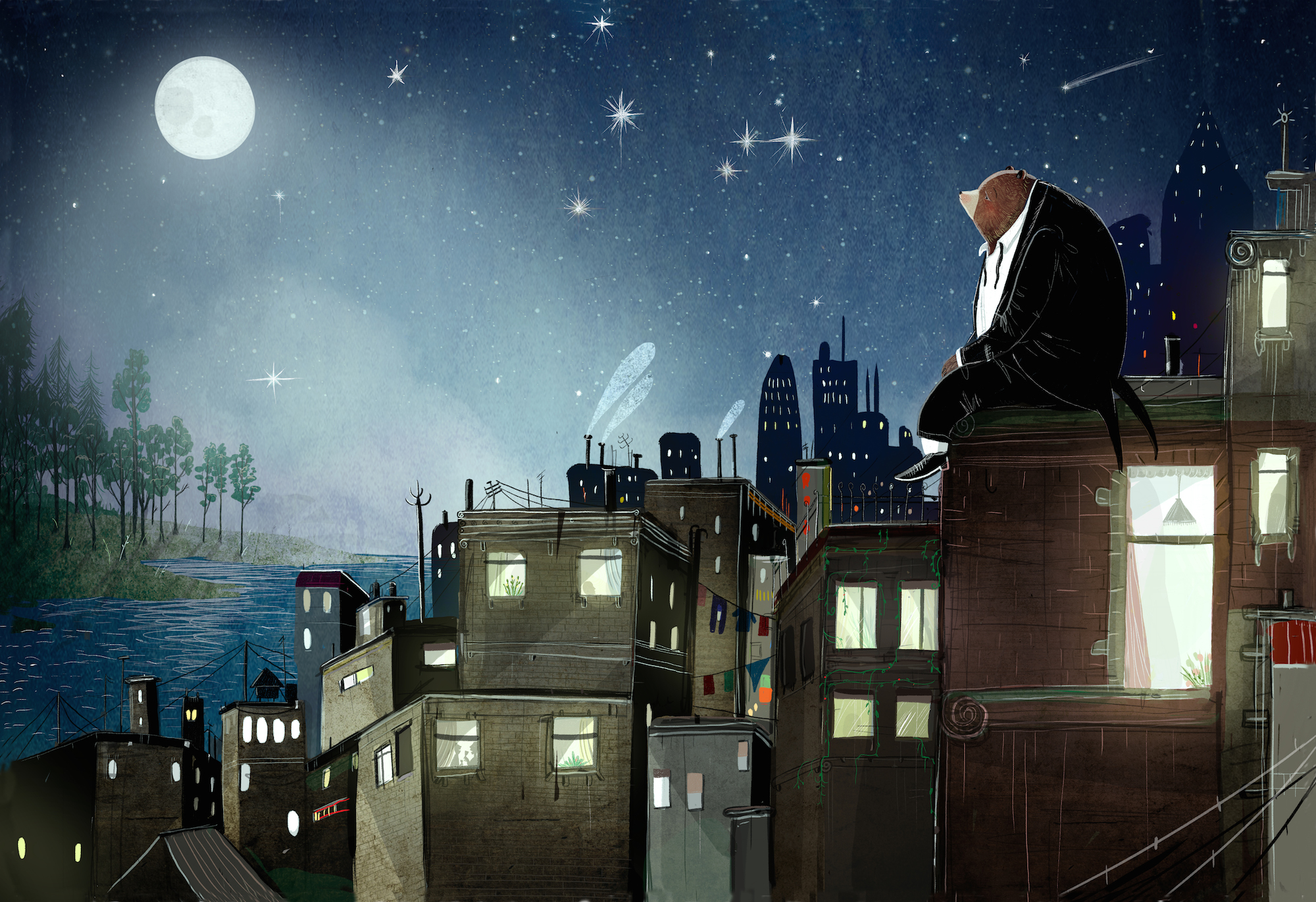 the bear and the piano rooftops nightsky