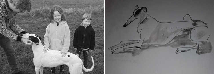 Fred with his children and a sketch of his dog