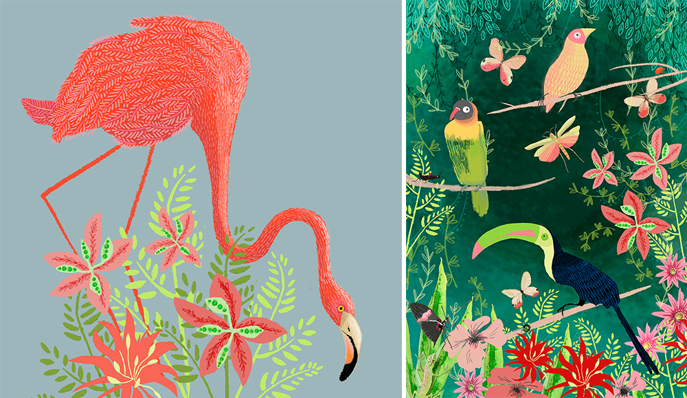 flamingo and tropical birds toucan