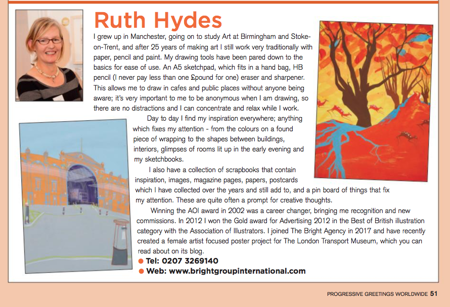 Ruth Hydes featured in the 'Art Source' section of April's edition of Progressive Greetings